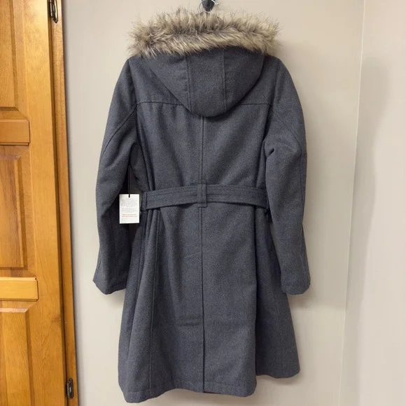 NWT | Alpine Swiss Parka Trench Pea Coat Belt Jacket Faux Fur Hood | Gray |Small - Picture 8 of 13